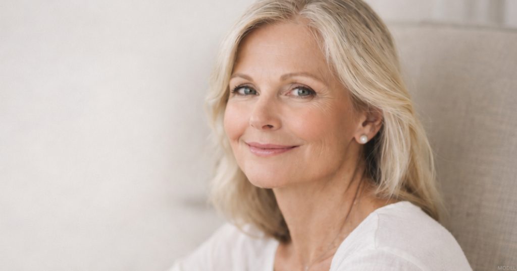Mature woman smiling after a facelift procedure (model)