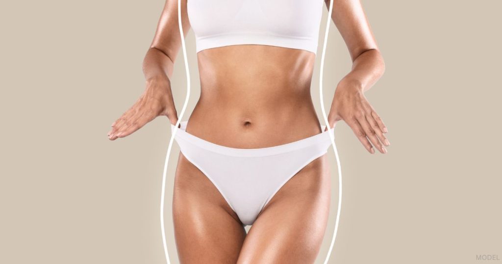 Woman in white underwear showing toned abdomen and slim waistline, with body contour lines. (Model)