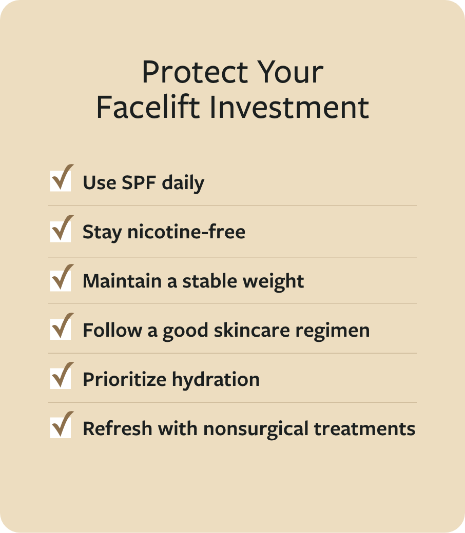 Checklist infographic outlining tips to maintaining facelift results